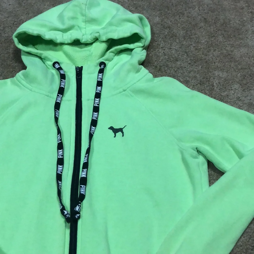 VICTORIA SECRET PINK neon green zip up hooded jacket D4 - Picture 4 of 6